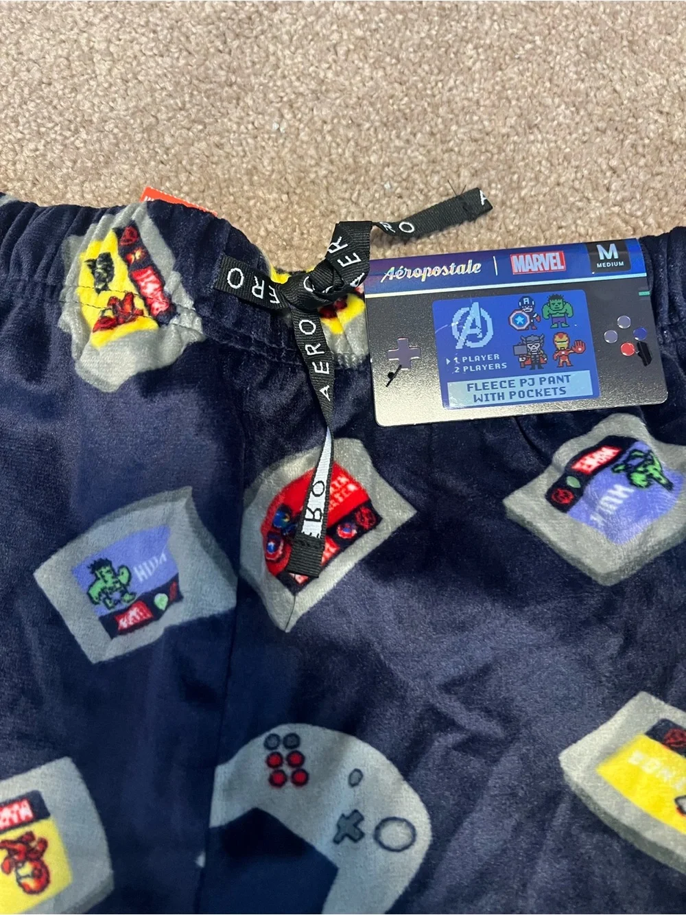 Aeropostale Navy Marvel Retro Game Fleece Pajama Pants with Character Icons